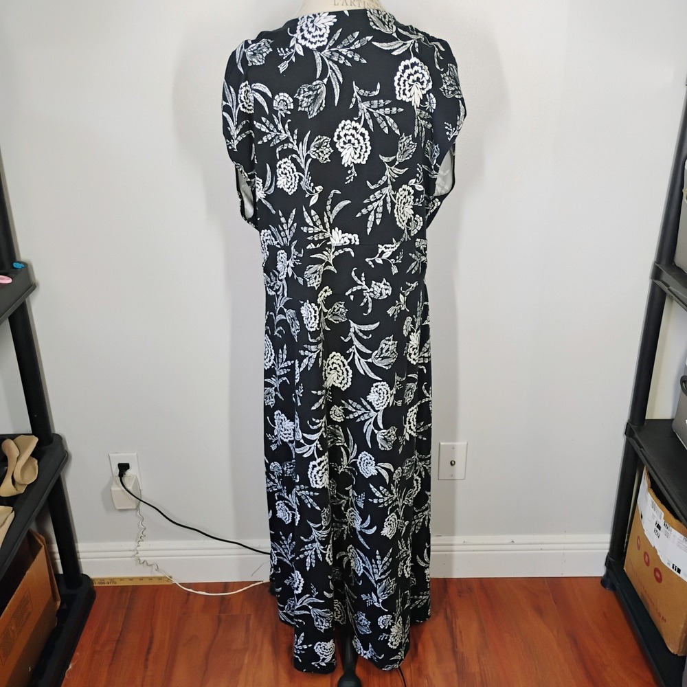 Lands End Maxi Dress Womens 2X Black White Floral Faux Wrap Ruched Pima Cotton - Picture 4 of 11